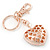 Gold Plated Brown Enamel Flower Pave Set Clear Crystal Puffed Heart Keyring/ Bag Charm - 100mm L - view 4