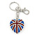Patriotic Pave Set Austrian Crystal Union Jack Puffed Heart Keyring/ Bag Charm In Rhodium Plating - 100mm L - view 6
