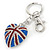 Patriotic Pave Set Austrian Crystal Union Jack Puffed Heart Keyring/ Bag Charm In Rhodium Plating - 100mm L - view 2