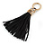 Black Suede Leather Tassel with Gold Tone Crystal Owl Motif Key Ring/ Bag Charm - 17cm L