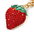 Red Crystal, Green Enamel Strawberry Keyring/ Bag Charm In Gold Tone Metal - 9cm L - view 2