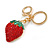 Red Crystal, Green Enamel Strawberry Keyring/ Bag Charm In Gold Tone Metal - 9cm L - view 3
