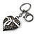 Hematite Crystal with White Enamel Bow Puffed Heart Keyring/ Bag Charm In Black Tone Metal - 10cm L - view 2