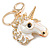 AB Crystal, White Enamel Glitter Unicorn Keyring/ Bag Charm In Gold Tone Metal - 10cm L - view 2