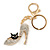 Clear Crystal High Heel Shoe With Black Enamel Cat Motif Keyring/ Bag Charm In Gold Tone Metal - 10cm L