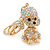AB Crystal Puppy Poodle Dog Keyring/ Bag Charm In Gold Tone Metal - 10cm L