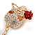 Clear Crystal Skull with Red Rose Keyring/ Bag Charm In Gold Tone - 11cm L - view 4