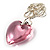 Long Pink Glass Heart Pendant (Silver Tone)