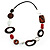 Wood & Silver Tone Metal Link Leather Style Long Necklace (Dark Brown, Coral, Black & White) - 76cm L
