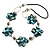 Light Blue Shell Floral Leather Cord Long Necklace -78cm Length