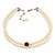 2 Strand Light Cream Imitation Pearl CZ Wedding Choker Necklace (With Ruby Red Coloured Central Stone) - view 9