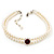 2 Strand Light Cream Imitation Pearl CZ Wedding Choker Necklace (With Ruby Red Coloured Central Stone)