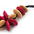 Beige/Deep Pink Wooden Floral Cotton Cord Necklace - 70cm Length - view 3