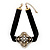 Black Velour Ribbon Diamante Filigree Cross Choker In Burn Gold Tone Metal - 29cm Length (7cm extension)