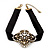 Black Velour Ribbon Diamante Filigree Cross Choker In Burn Gold Tone Metal - 29cm Length (7cm extension) - view 3