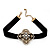 Black Velour Ribbon Diamante Filigree Cross Choker In Burn Gold Tone Metal - 29cm Length (7cm extension) - view 9