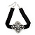 Black Velour Ribbon Diamante Filigree Cross Choker In Silver Tone Metal - 29cm Length (7cm extension)