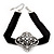 Black Velour Ribbon Diamante Filigree Cross Choker In Silver Tone Metal - 29cm Length (7cm extension) - view 7