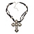 Large Victorian Filigree Imitation Pearl Crystal Cross Pendant On Black Organza Cord Necklace - 36cm Length & 7cm Extension - view 4