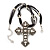 Large Victorian Filigree Imitation Pearl Crystal Cross Pendant On Black Organza Cord Necklace - 36cm Length & 7cm Extension