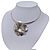 Burn Silver Tone Textured Flower Pendant Choker Necklace - 35cm Length - view 9