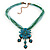 Teal Green Diamante Vintage Flower Pendant On Cotton Cords Necklace In Bronze Metal - 38cm Length/ 7cm Extension - view 4