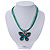 Teal Green Diamante 'Butterfly' Cotton Cord Pendant Necklace In Bronze Metal - 38cm Length/ 8cm Extension - view 2