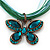 Teal Green Diamante 'Butterfly' Cotton Cord Pendant Necklace In Bronze Metal - 38cm Length/ 8cm Extension