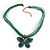 Teal Green Diamante 'Butterfly' Cotton Cord Pendant Necklace In Bronze Metal - 38cm Length/ 8cm Extension - view 3
