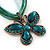 Teal Green Diamante 'Butterfly' Cotton Cord Pendant Necklace In Bronze Metal - 38cm Length/ 8cm Extension - view 4