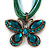 Teal Green Diamante 'Butterfly' Cotton Cord Pendant Necklace In Bronze Metal - 38cm Length/ 8cm Extension - view 5
