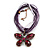 Violet/Deep Purple Diamante 'Butterfly' Cotton Cord Pendant Necklace In Bronze Metal - 38cm Length/ 8cm Extension - view 4