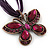 Violet/Deep Purple Diamante 'Butterfly' Cotton Cord Pendant Necklace In Bronze Metal - 38cm Length/ 8cm Extension - view 6