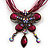 Magenta/Pink Diamante 'Butterfly With Tail' Cotton Cord Pendant Necklace In Bronze Metal - 38cm Length/ 8cm Extension