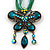 Teal Green Diamante 'Butterfly With Tail' Cotton Cord Pendant Necklace In Bronze Metal - 38cm Length/ 8cm Extension