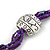 Purple Glass Bead With Hammered Metal Station Long Necklace In Silver Tone Finish - 70cm Length/ 7cm Extension - view 2