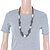Beige Grey Glass Bead With Hammered Metal Station Long Necklace In Silver Tone Finish - 70cm Length/ 7cm Extension - view 2