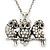 'Three Wise Owls' Long Diamante Pendant Necklace In Burn Silver Metal - 62cm Length/ 5cm Extension