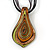 Lime Green/ Gold/ Brown Glass Teardrop Pendant Necklace On Black Cotton & Organza Cords In Silver Plating - 38cm Length/ 4cm Extension