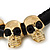 Triple Skull Black Leather Choker Necklace In Gold Plating - 38cm Length/ 9cm Extension - view 5