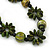 Long Green/ Gold Wood Floral Necklace On Black Cotton Cord - 80cm Length - view 3