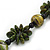 Long Green/ Gold Wood Floral Necklace On Black Cotton Cord - 80cm Length - view 4