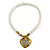 White Simulated Glass Pearl With Crystal Heart Pendant Necklace With T-Bar Closure In Gold Tone - 42cm Length