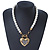 White Simulated Glass Pearl With Crystal Heart Pendant Necklace With T-Bar Closure In Gold Tone - 42cm Length - view 2