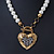 White Simulated Glass Pearl With Crystal Heart Pendant Necklace With T-Bar Closure In Gold Tone - 42cm Length - view 6