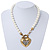 White Simulated Glass Pearl With Crystal Heart Pendant Necklace With T-Bar Closure In Gold Tone - 42cm Length - view 9