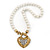 White Simulated Glass Pearl With Crystal Heart Pendant Necklace With T-Bar Closure In Gold Tone - 42cm Length - view 3