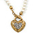 White Simulated Glass Pearl With Crystal Heart Pendant Necklace With T-Bar Closure In Gold Tone - 42cm Length - view 8