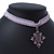 Victorian Style Filigree Pink Crystal Pendant With Pale Lavender Stretch Ribbon Choker Necklace In Burn Silver - 28cm Length/ 5cm Extension - view 12