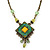 Vintage Inspired Green, Yellow Square Pendant On Bronze Tone Beaded Chain Necklace - 36cm Length/ 8cm Extension